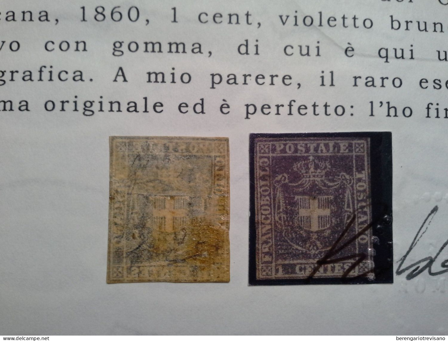 Regno d'Italia 1860 - Toscana 1 cent. marrone violaceo Raro - 2 certificati