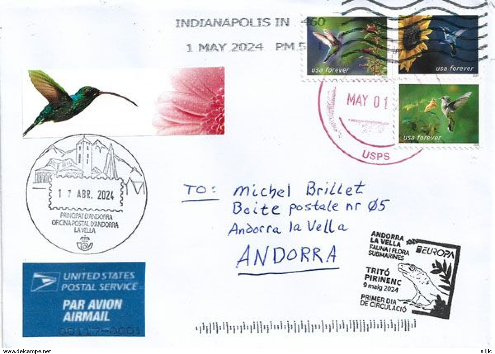 USA FOREVER  2024 (Colibris) Hummingbirds, Letter To Andorra With Illustrated Arrival Postmarks Andorra - Hummingbirds