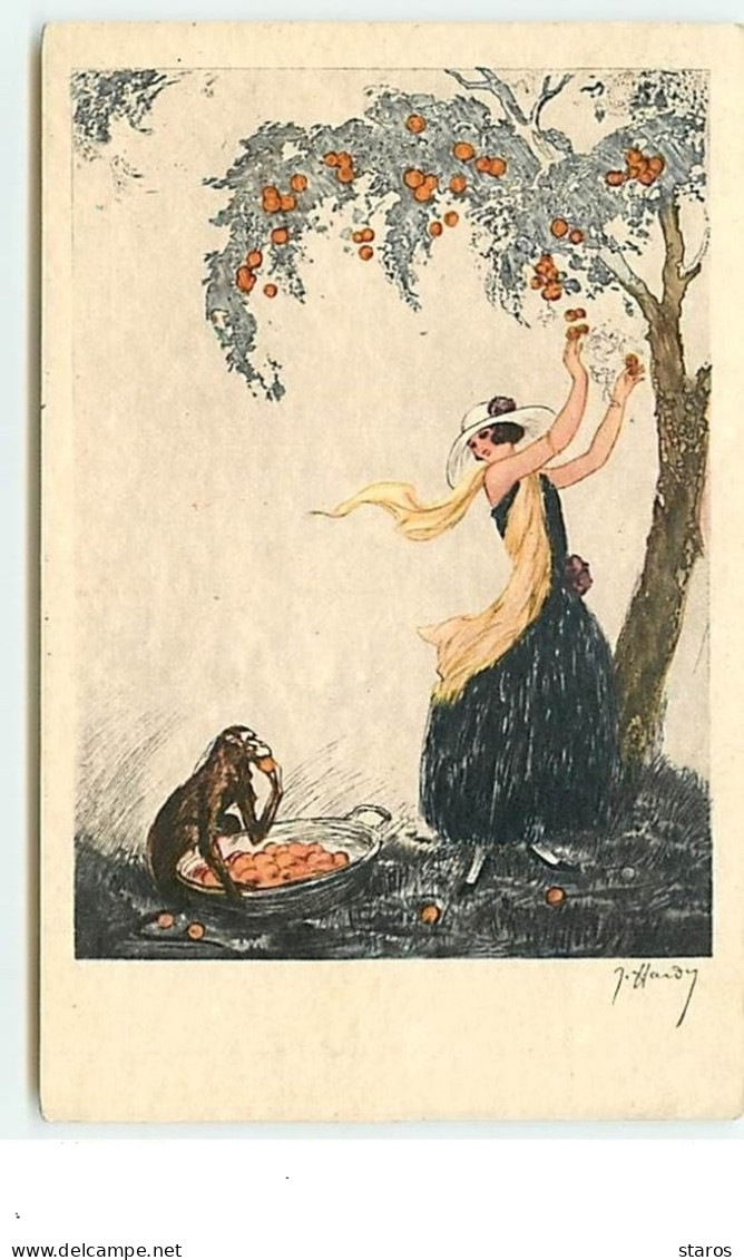 Hardy - Art Déco - Jeune Femme Cueillant Des Fruits Pour Un Singe - Other & Unclassified