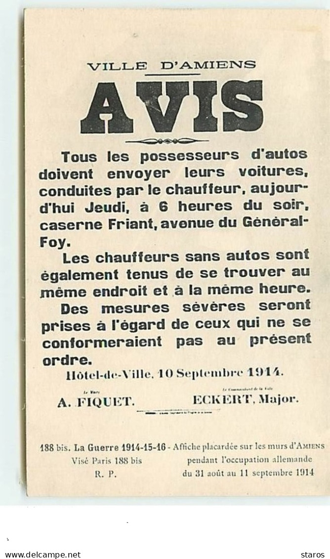 Guerre 1914-15-16 - Affiche Placardée Sur Les Murs D'Amiens Pendant L'occupation Allemande - Avis - War 1914-18