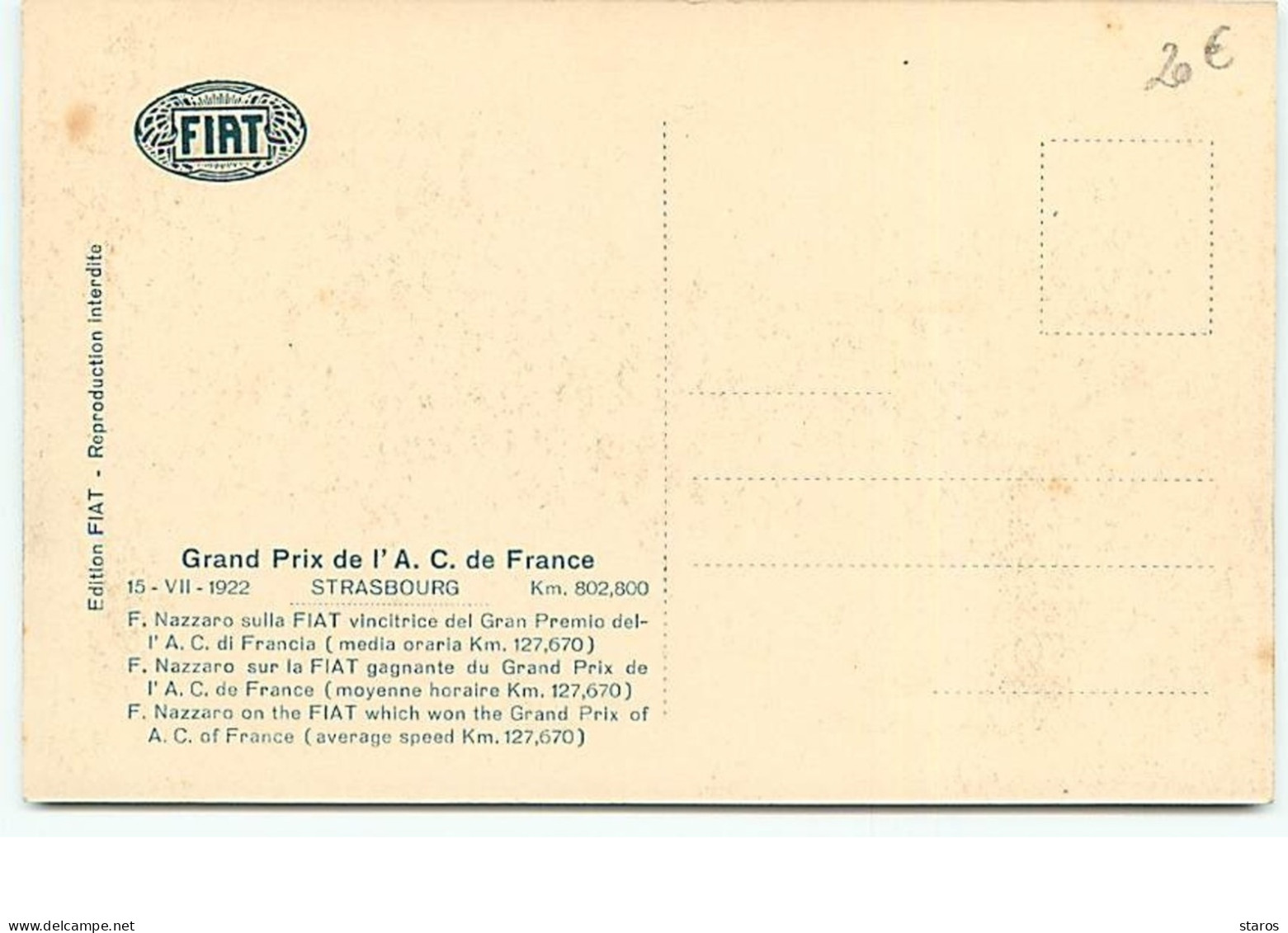 Grand Prix De L'A.C. De France - F. Nazzaro Sur La Fiat Gagnante Du Grand Prix De L'A.C. De France - Strasbourg - Grand Prix / F1