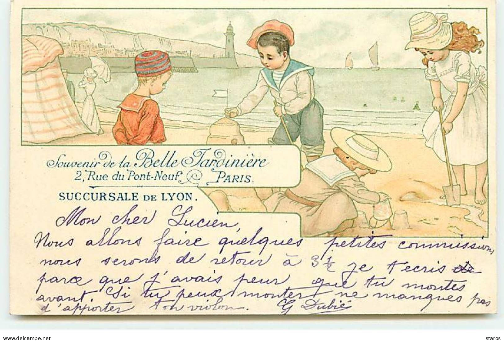 Publicité - Souvenir De La Belle Jardinière - Succursale De Lyon - Enfants Jouant Sur Une Plage - Advertising