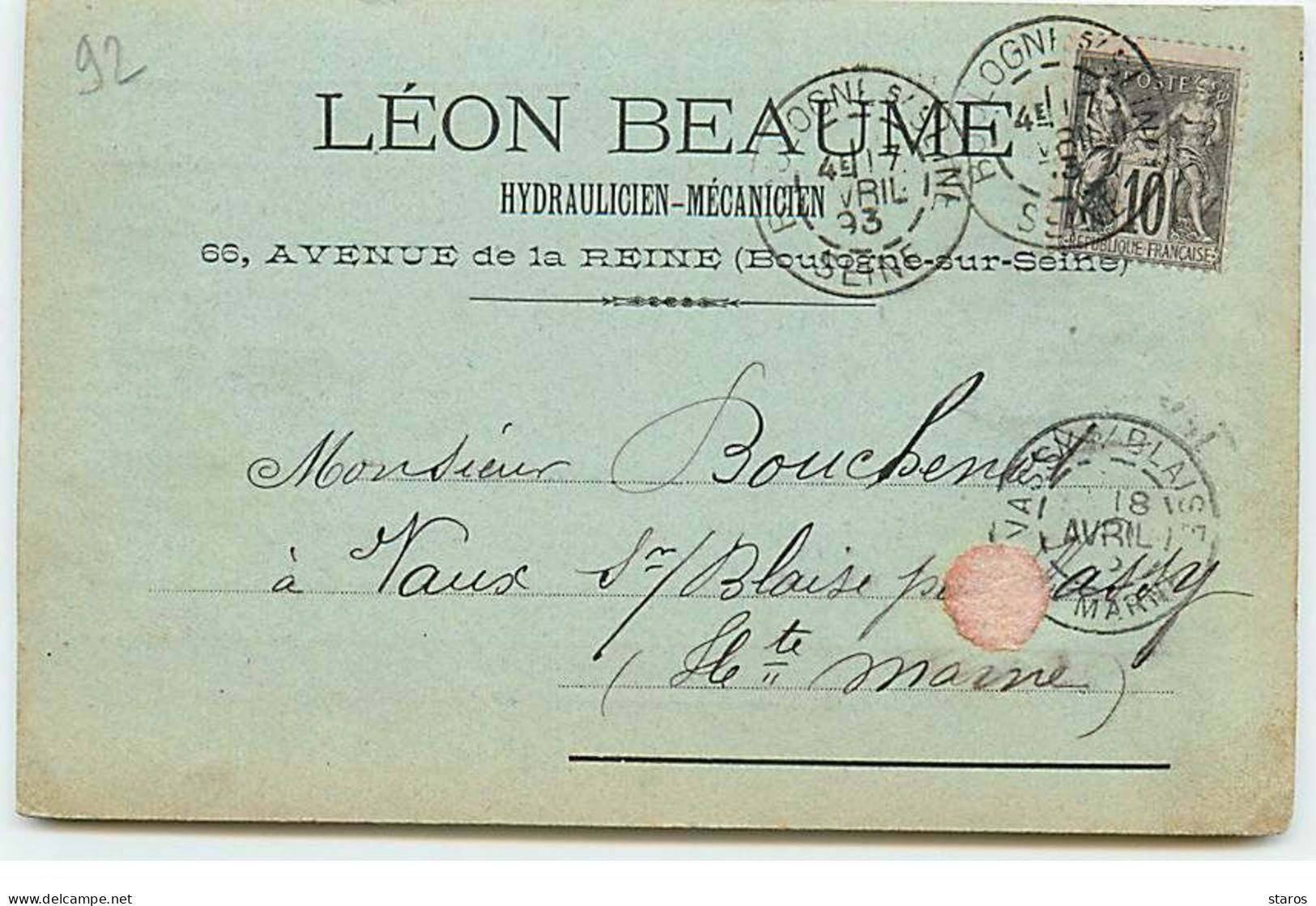 BOULOGNE-SUR-SEINE - Léon Beaume - Hydraulicien-Mécanicien - 66, Avenue De La Reine - 1893 - Other & Unclassified