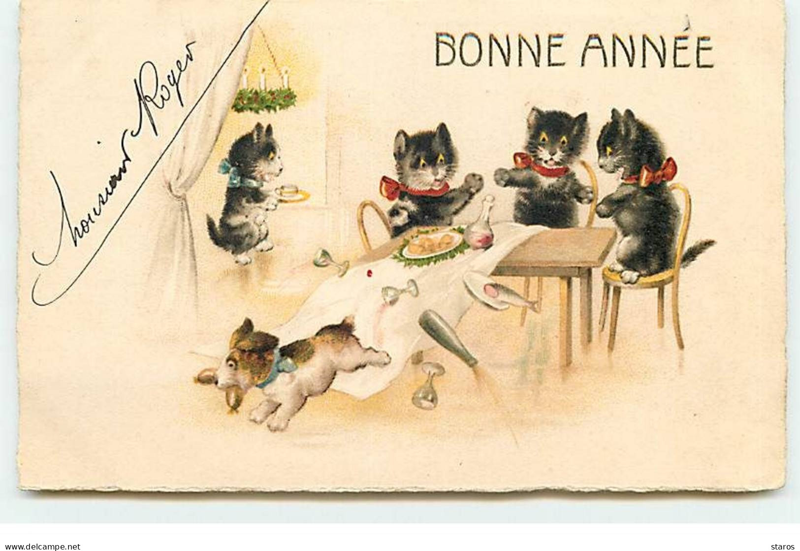 Animaux - Chat - Bonne Année - Chats Attablés, Alors Qu'un Chien A Volé Une Saucisse - Chats