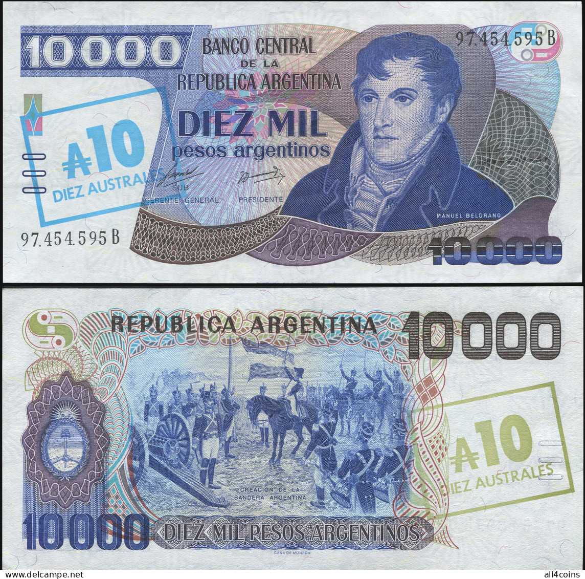 Argentina 10 Australes. ND (1985) Unc Overprint. Banknote Cat# P.322c - Argentina