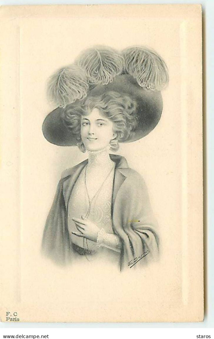 Illustrateur - E. Serre - Jeune Femme Portant Un Grand Chapeau à Plumes - Autres & Non Classés