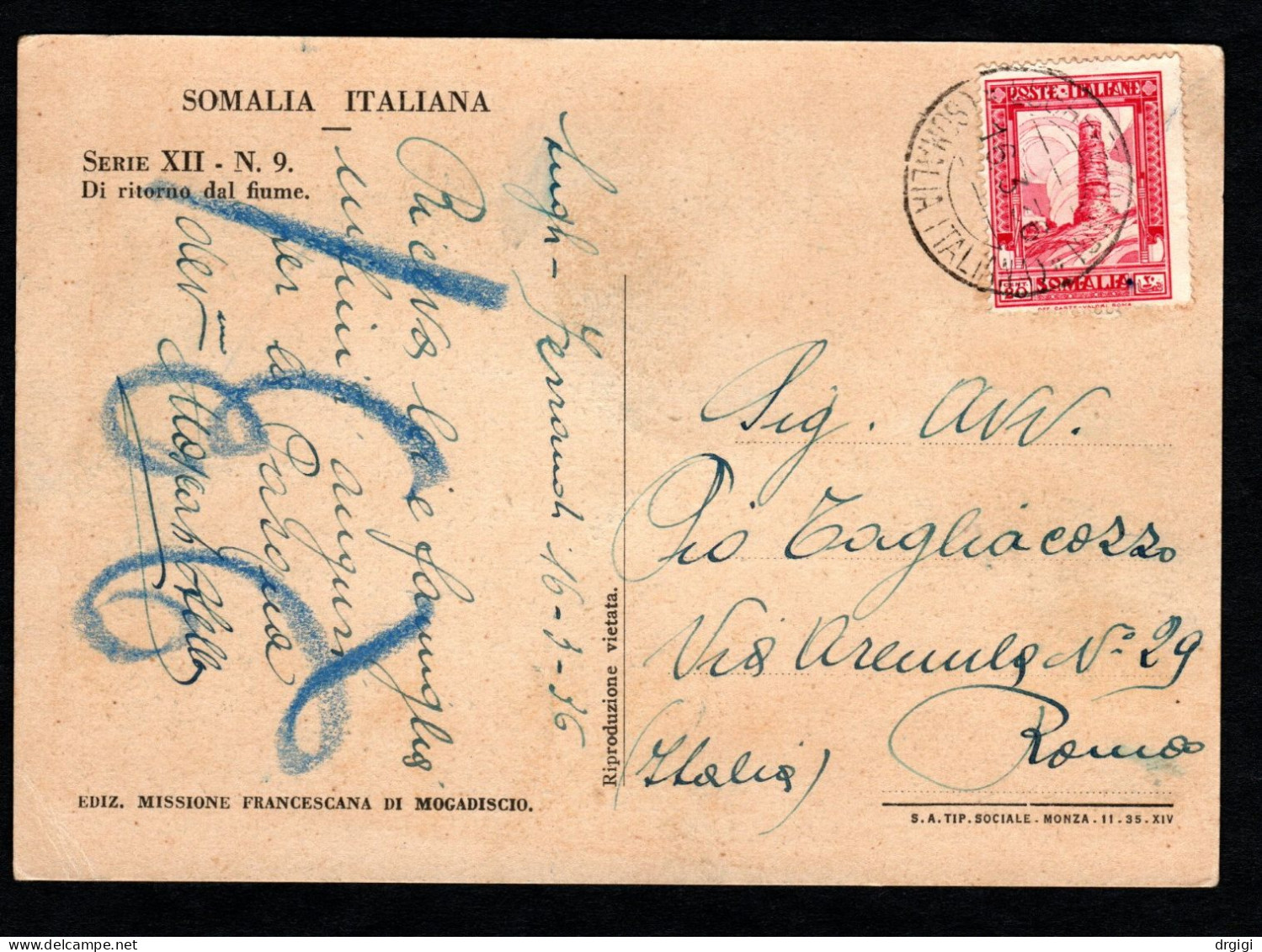 SOMALIA ITALIANA, CARTOLINA 1936, SASS. 217, LUGH FERRANDI X ROMA - RARO - Somalie