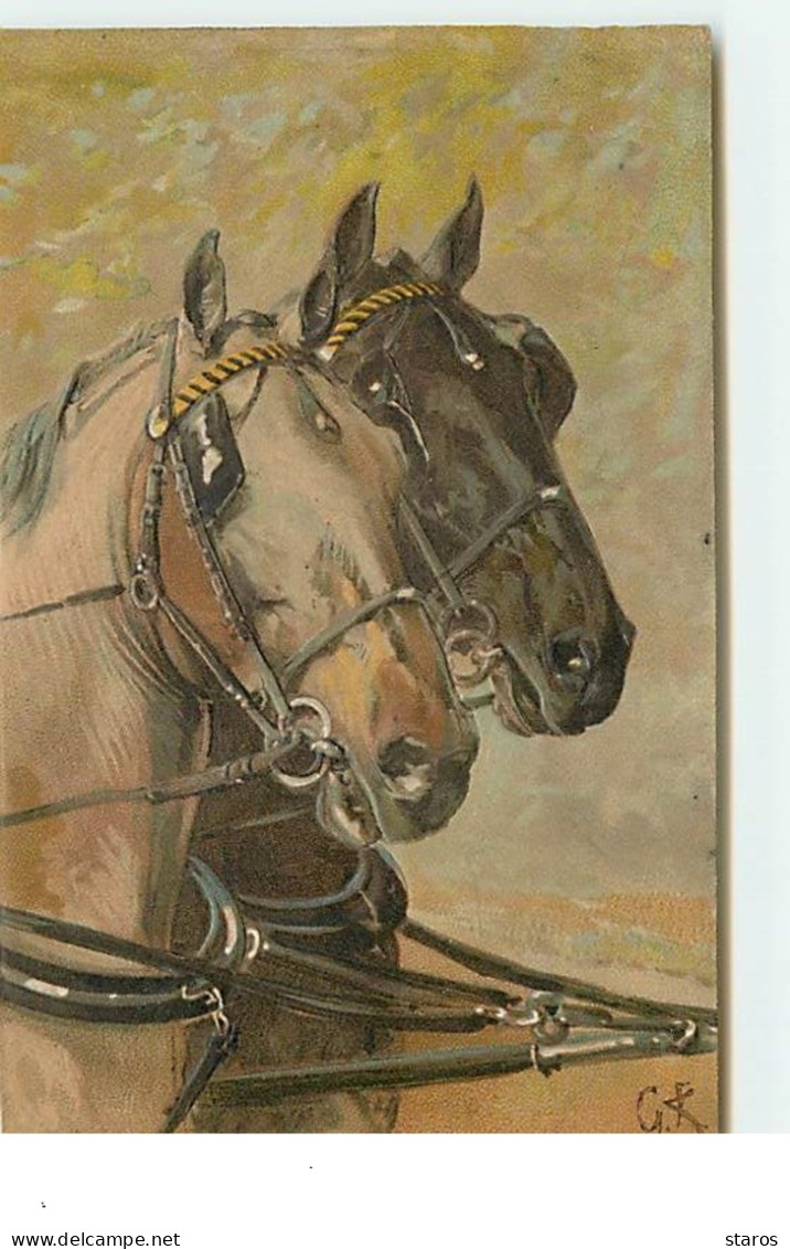 Carte Gaufrée - Têtes De Chevaux Attelés - Signée GK - Horses