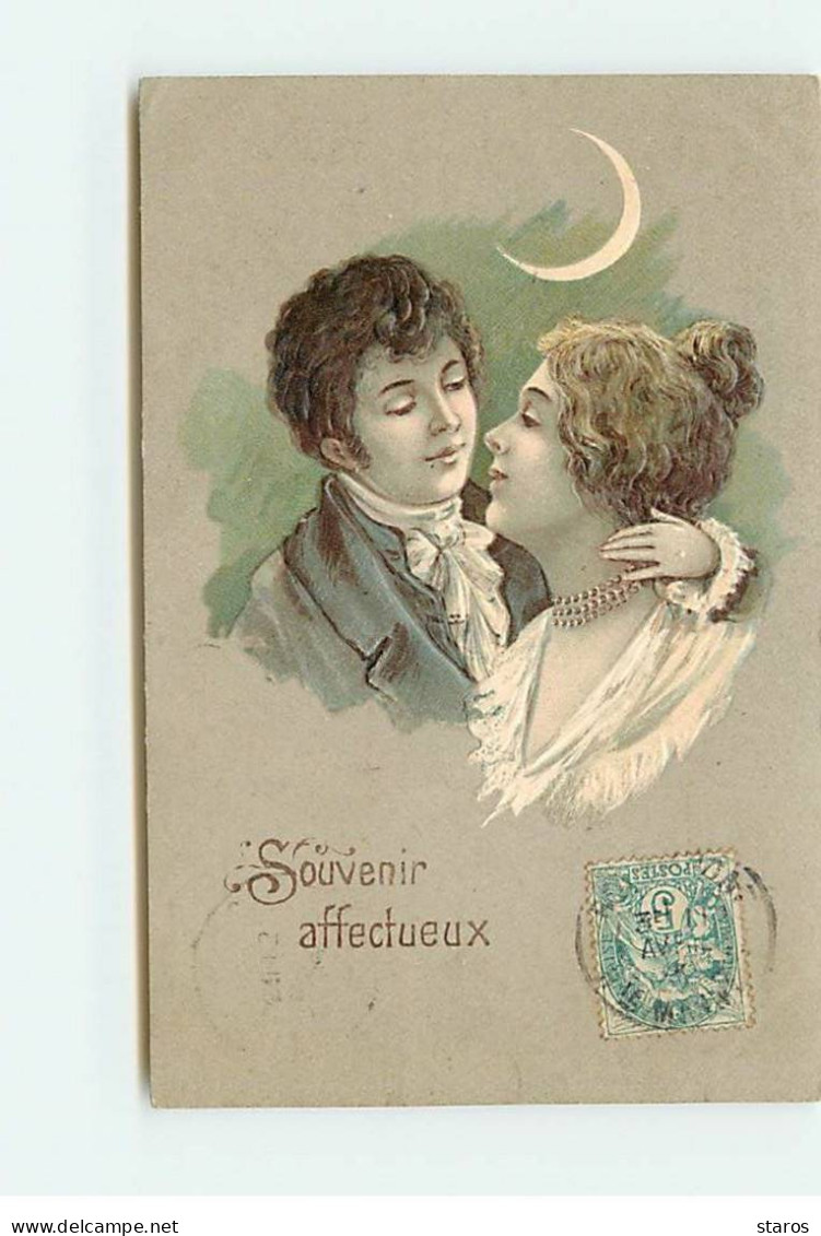 Carte Gaufrée - Fantaisie - Souvenir Affectueux - Couple Au Clair De Lune - Autres & Non Classés