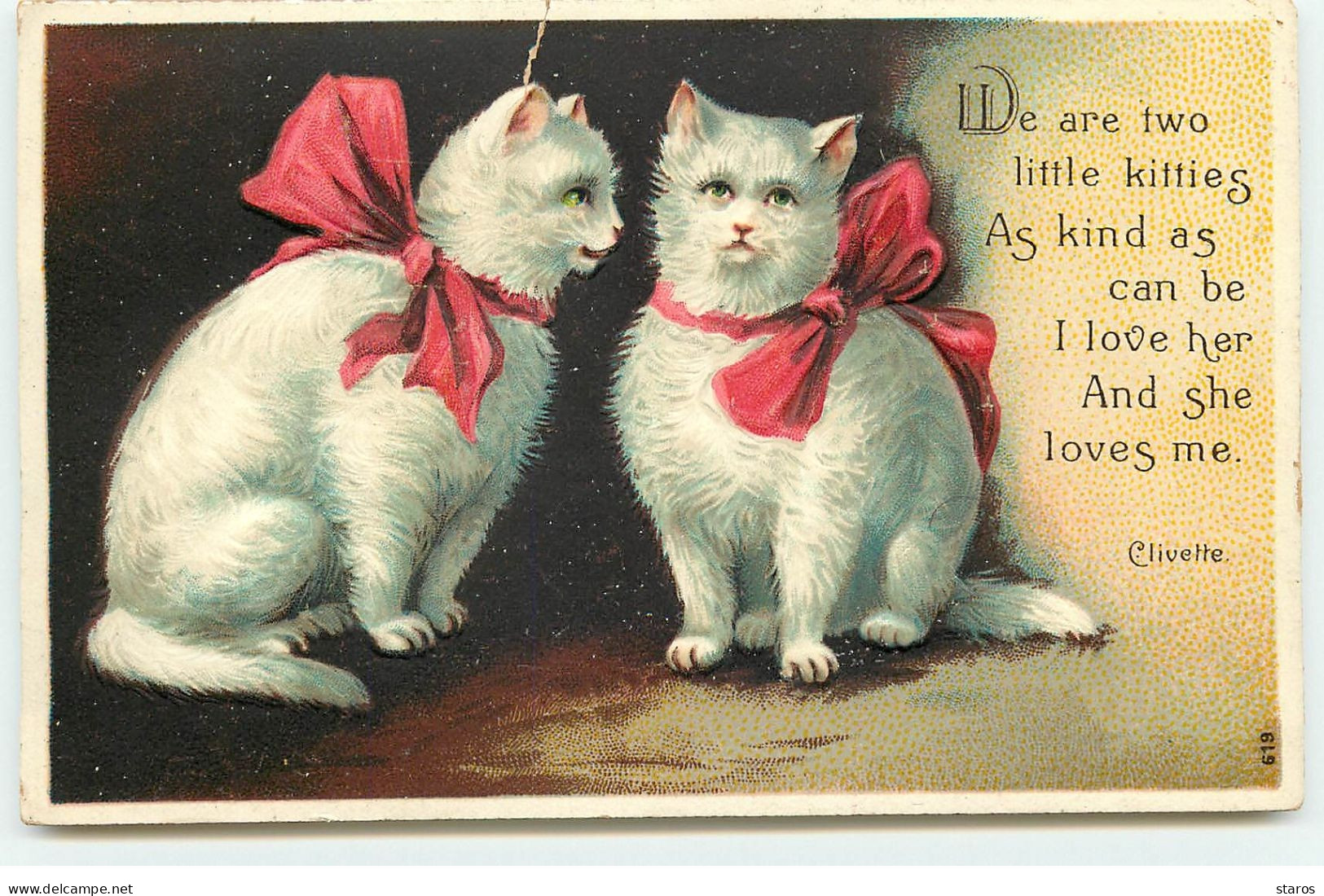 Carte Gaufrée - We Are Two Little Kitties ... - Deux Chats Blancs Avec Chacun Un Noeud Rouge - Chats