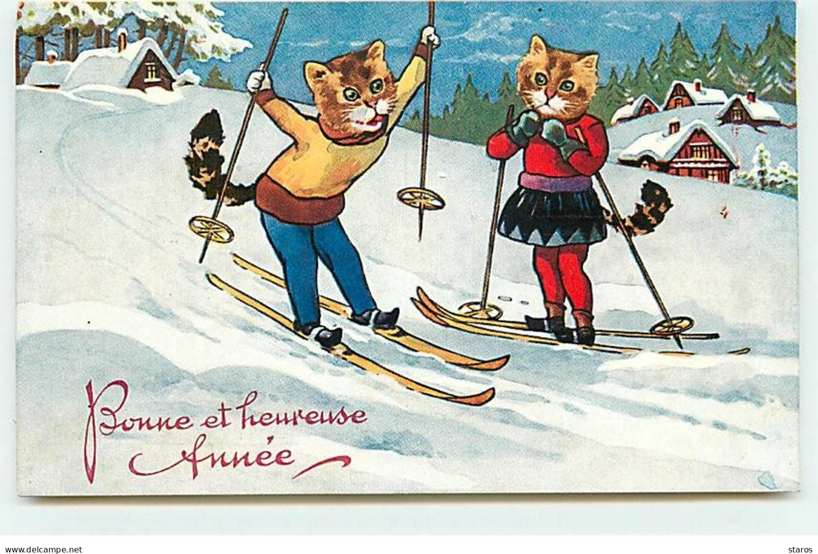 Animaux Habillés - Bonne Et Heureuse Année - Chats Faisant Du Ski - Gekleidete Tiere
