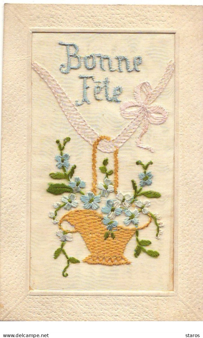 Carte Brodée - Bonne Fête - Fleurs Dans Un Panier - Myosotis - Embroidered