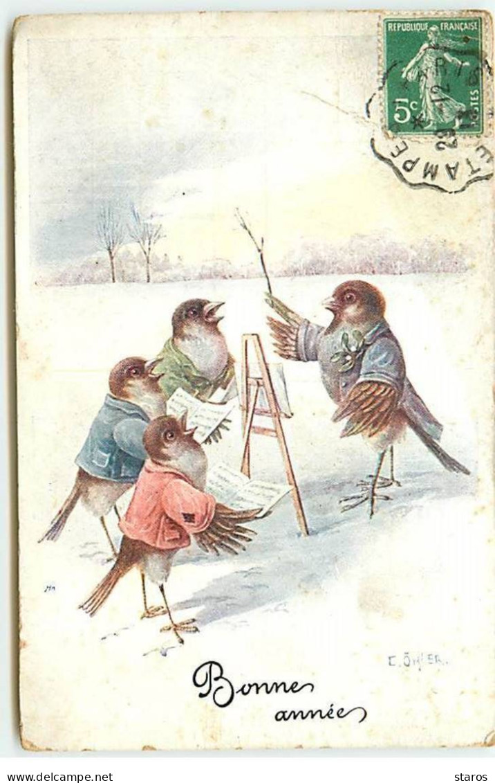 Illustrateur - Chorale D'oiseaux Habillés Chantant Dans La Neige - Animales Vestidos