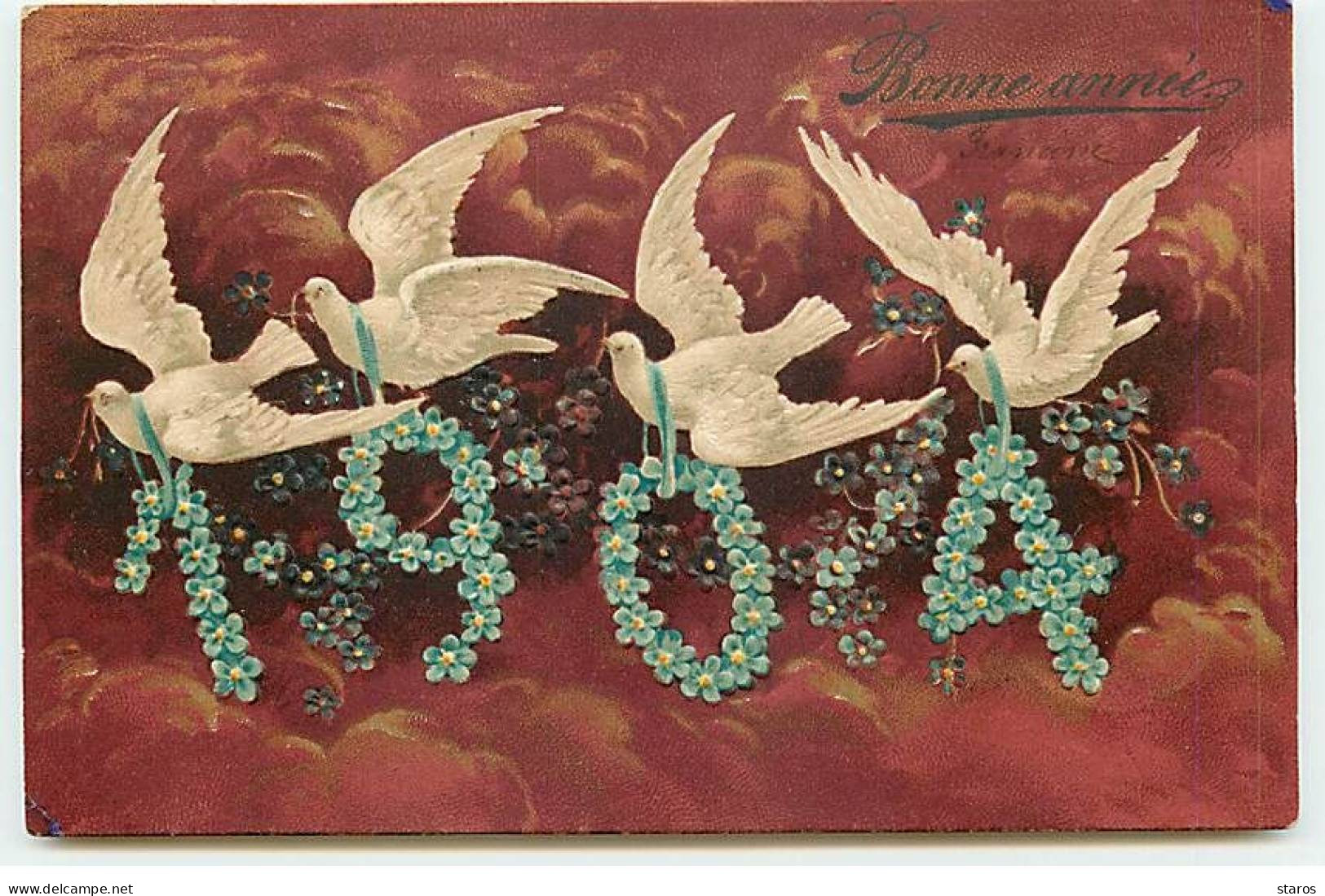 Nouvel An - Carte Gaufrée - Bonne Année 1904 - Colombes Portant Les Chiffres - New Year