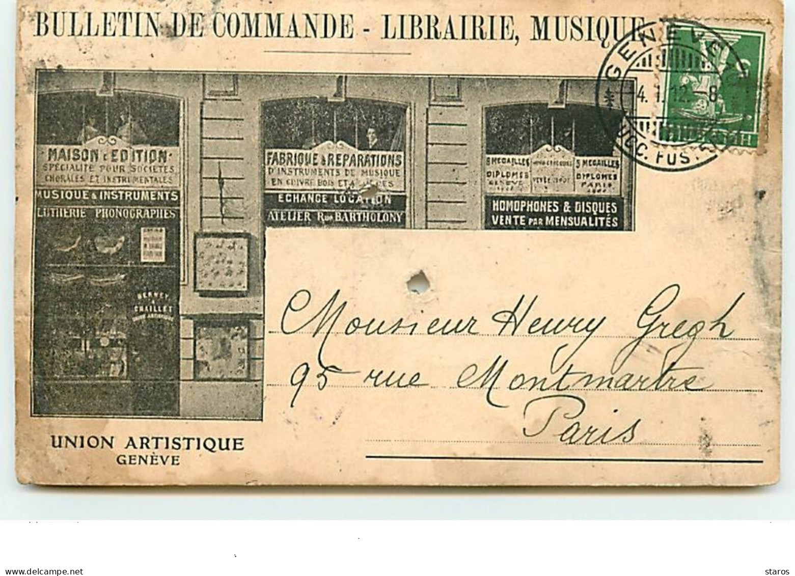 Bulletin De Commande - Librairie, Musique - Union Artistique - GENEVE (vendu En L'état) - Genève