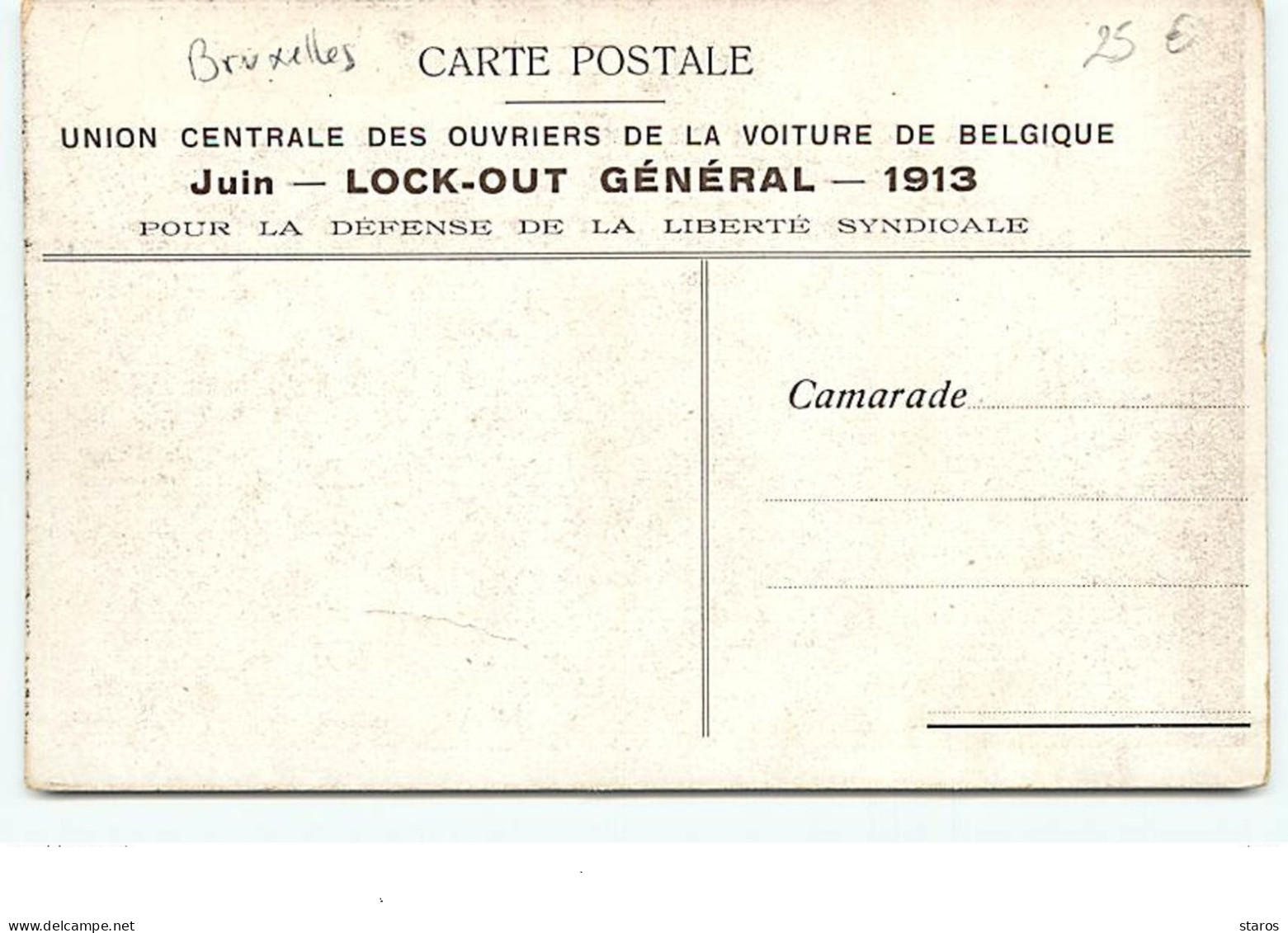 BRUXELLES - Union Centrale Des Ouvriers De La Voiture De Belgique - Lock-Out Général 1913 - Soupe Communiste - Autres & Non Classés