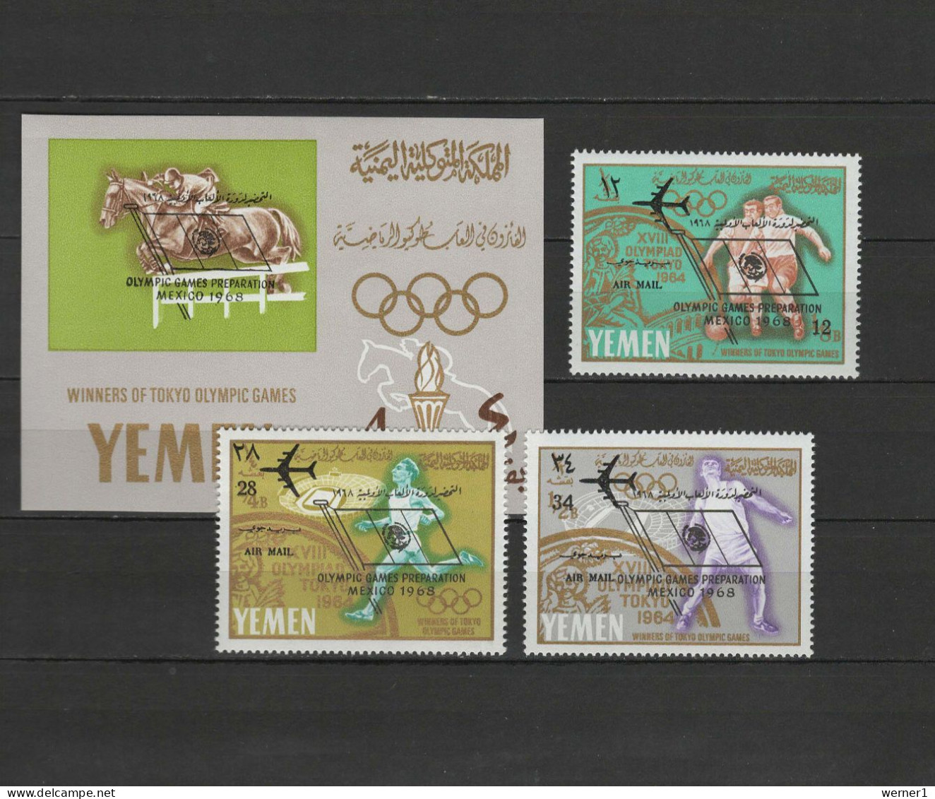 Yemen Kingdom 1966 Olympic Games Mexico, Equestrian, Football Soccer, Athletics Set Of 3 + S/s With Overprint MNH Scarce - Summer 1968: Mexico City