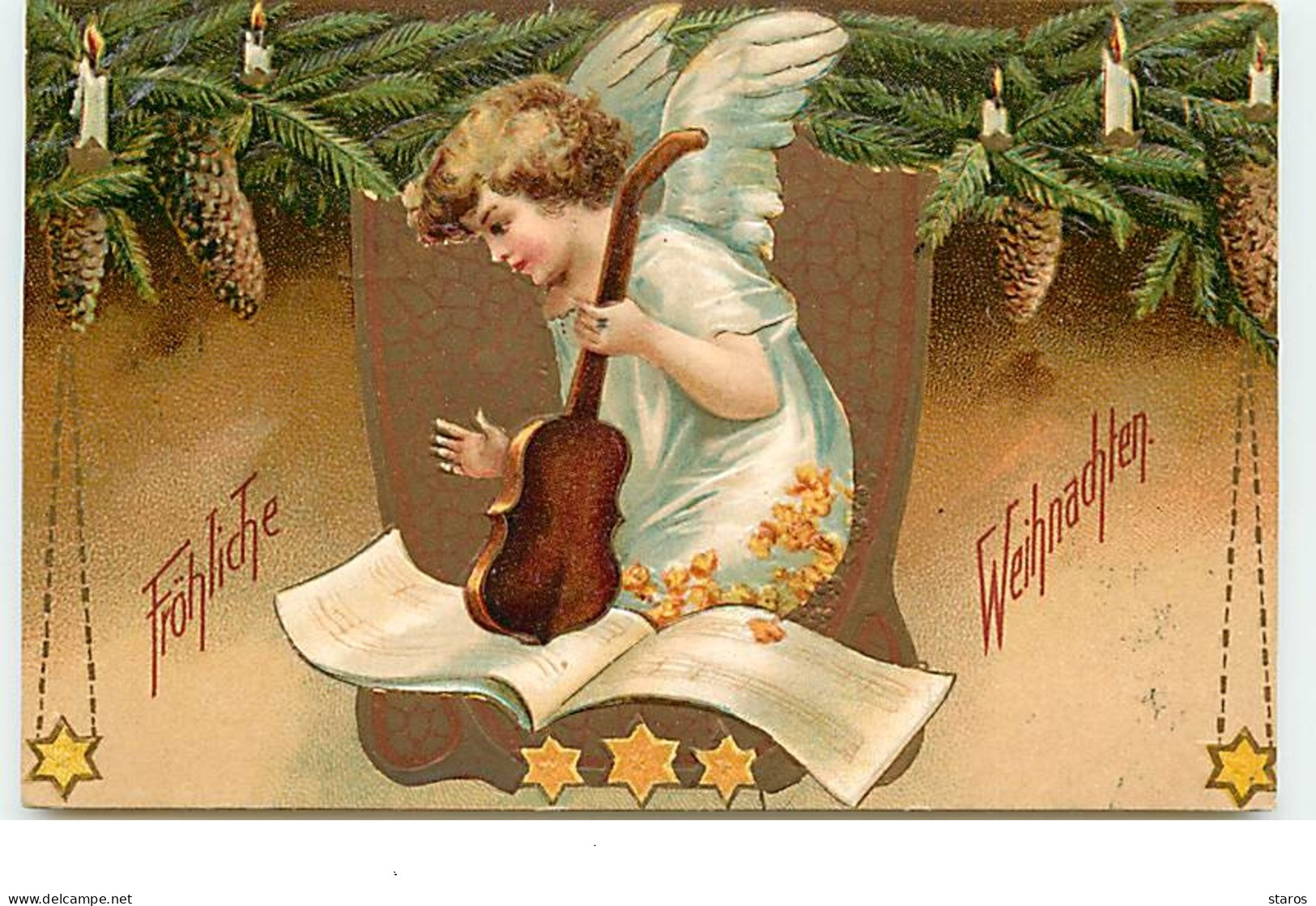 Carte Gaufrée - Clapsaddle - Fröhliche Weihnachten - Ange Jouant D'un Instrument De Musique - Autres & Non Classés