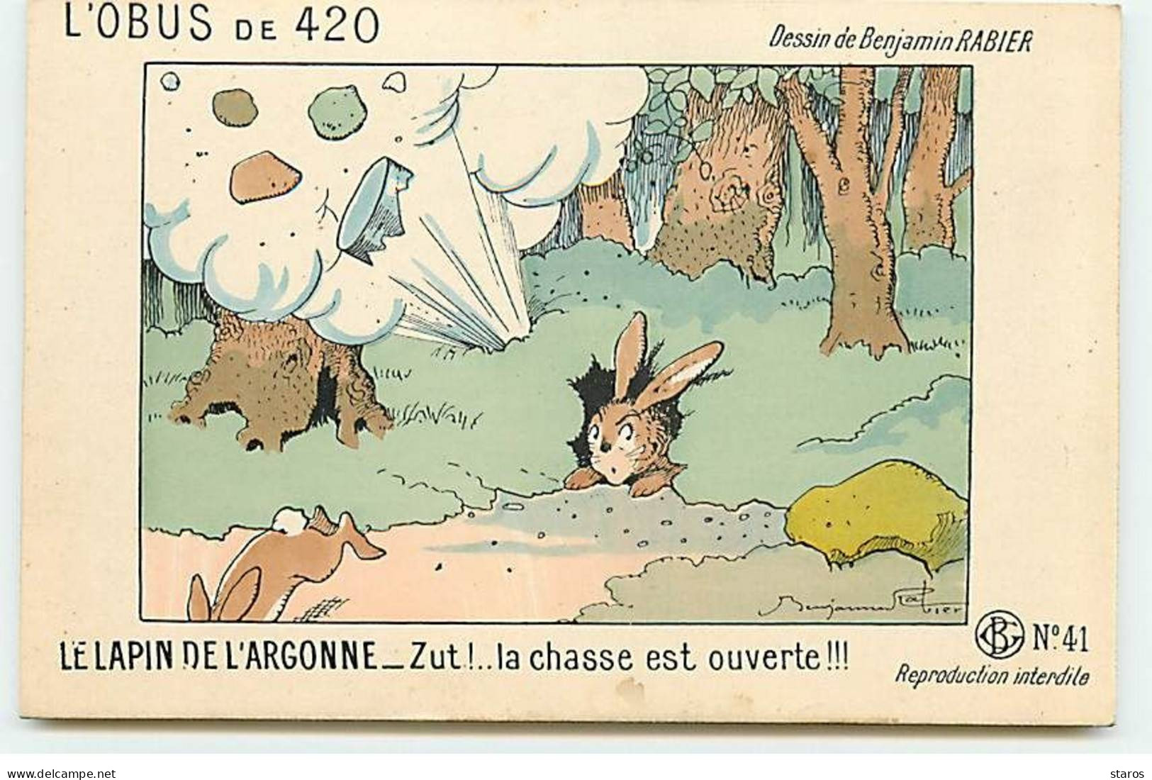 Militaire - Dessin De Benjamin Rabier - L'Obus De 420 - Le Lapin De L'Argonne - Humour