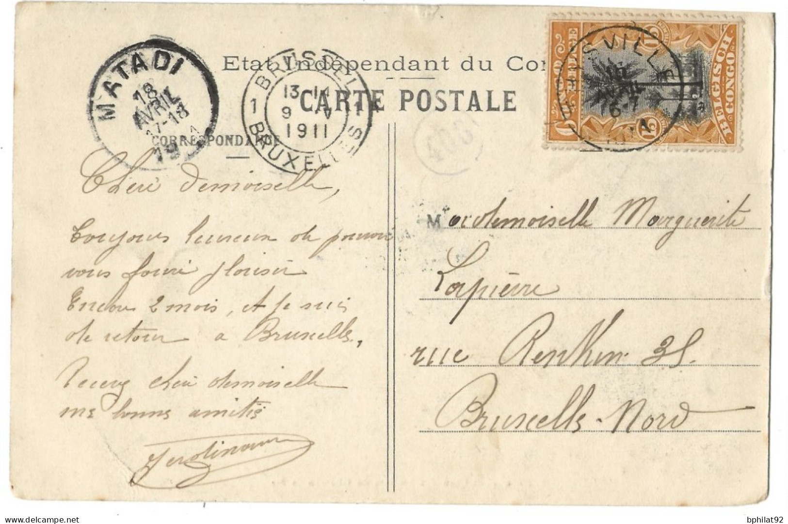 !!! CONGO,CPA DE 1911 AU DÉPART DE THYSVILLE POUR BRUXELLES (BELGIQUE) - Covers & Documents