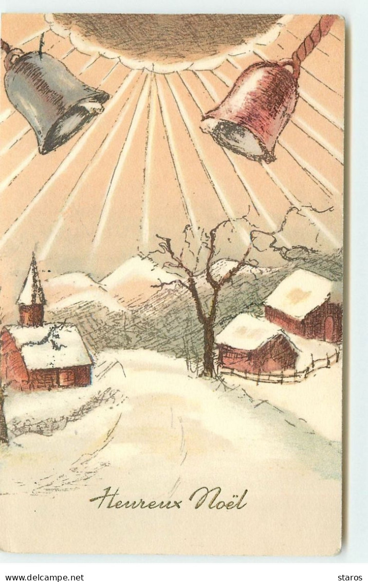 Heureux Noël - Cloches Sonnant Au-dessus D'un Village Enneigé - Autres & Non Classés