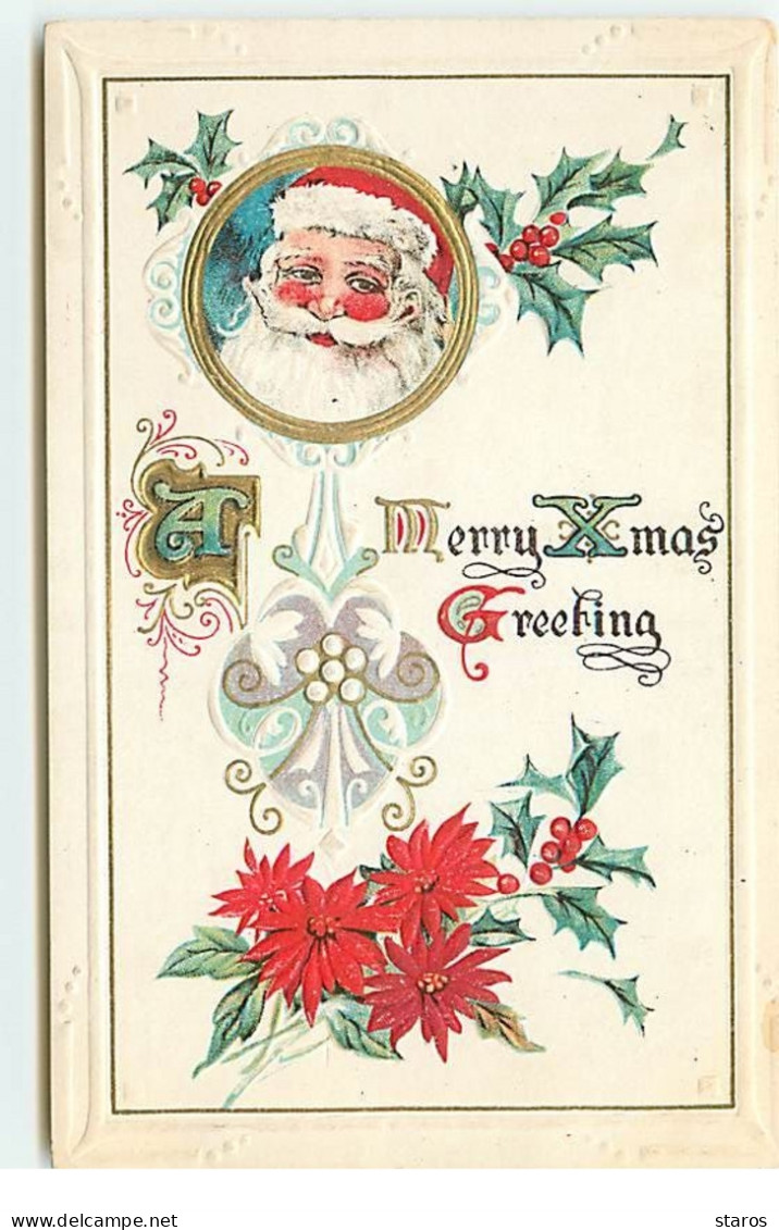 Carte Gaufrée - A Merry Christmas Greeting - Père Noël Dans Un Médaillon - Other & Unclassified