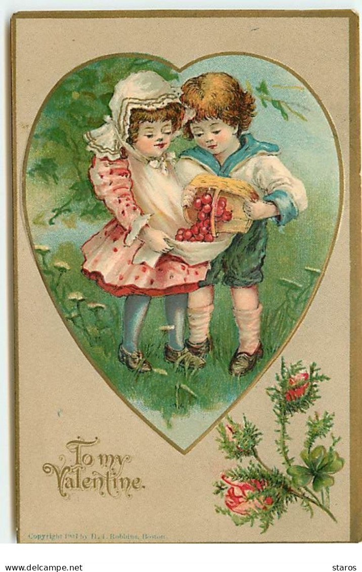 Carte Gaufrée - To My Valentine - Enfants Ramassant Des Fruits, Dans Un Coeur - Saint-Valentin