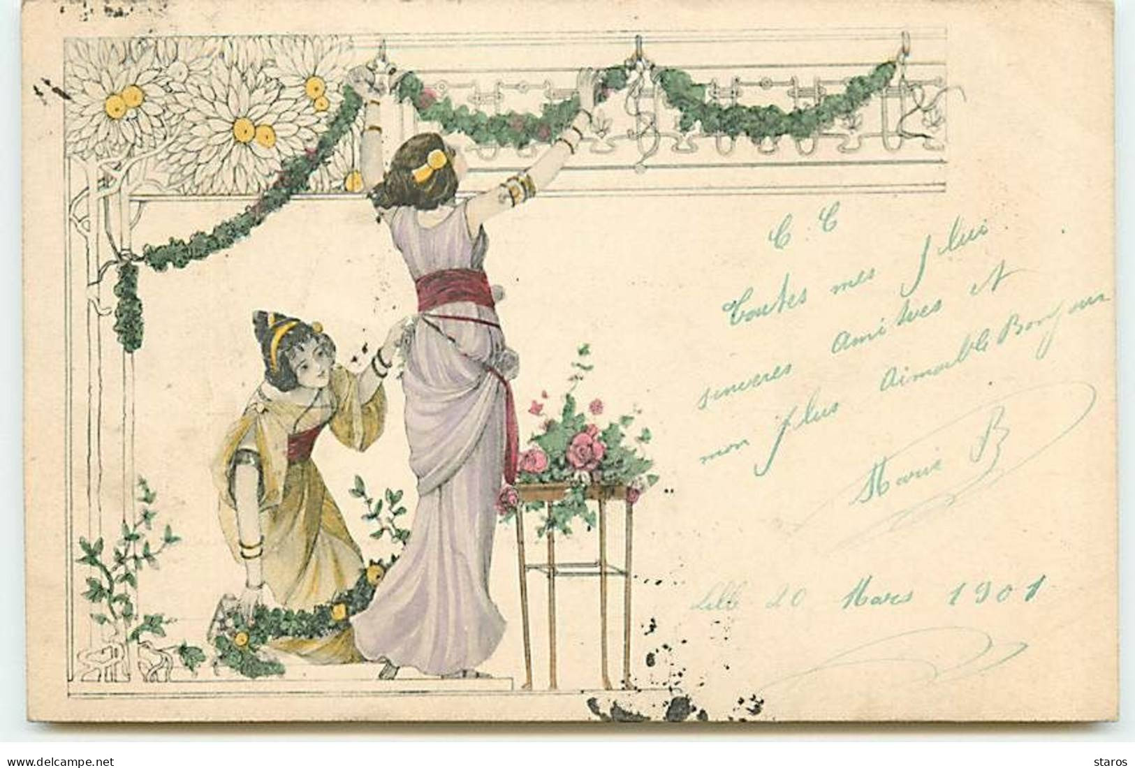 Art Nouveau - Jeunes Femmes Accrochant Des Guirlandes De Fleurs - 1900-1949