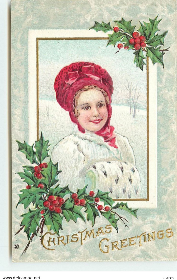 Carte Gaufrée - Christmas Greetings - Fillette Portant Un Manteau Blanc Et Un Chapeau Rouge - Other & Unclassified