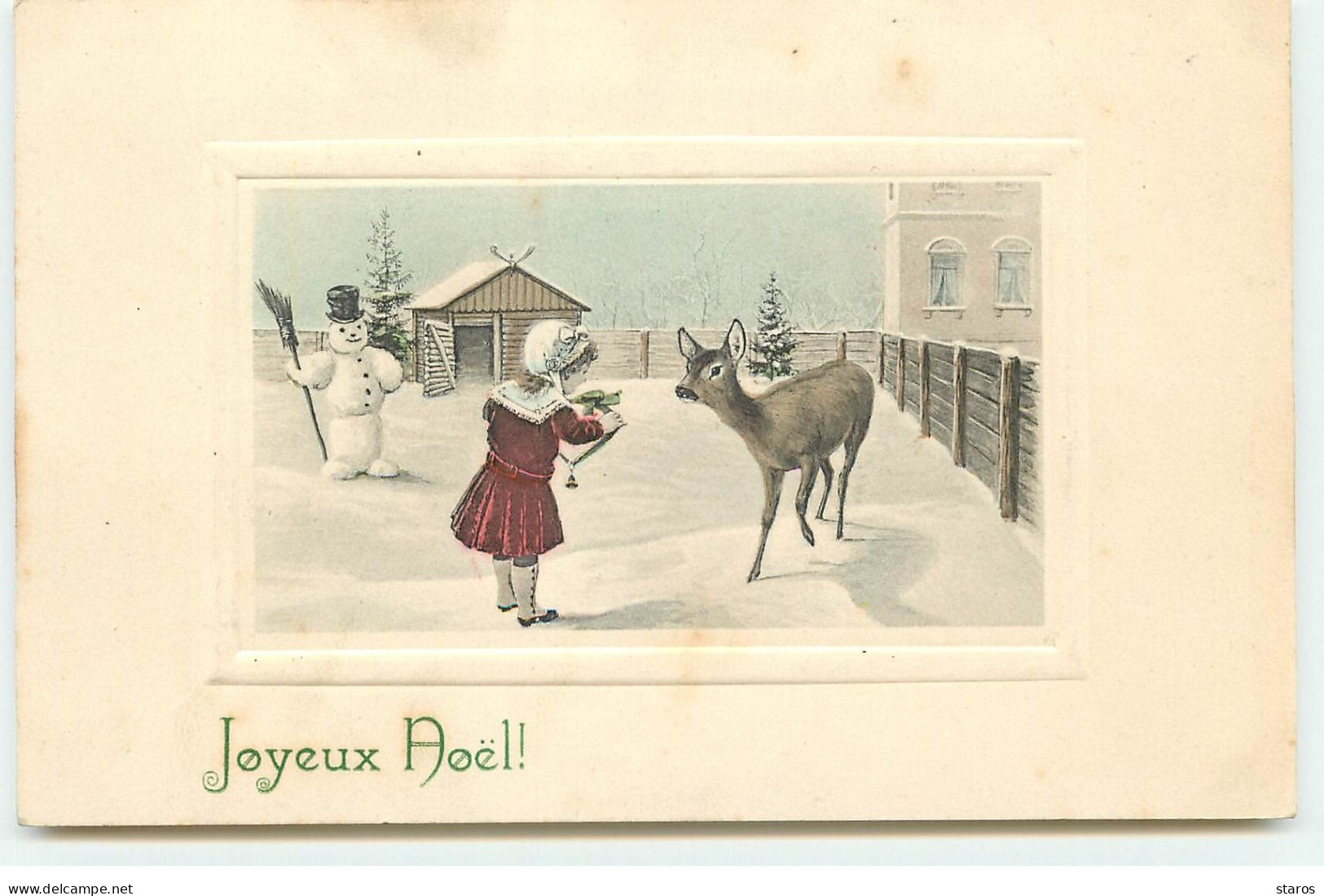 Carte Gaufrée - Joyeux Noël - Fillette Près D'une Biche Sous Le Regard D'un Bonhomme De Neige - Autres & Non Classés