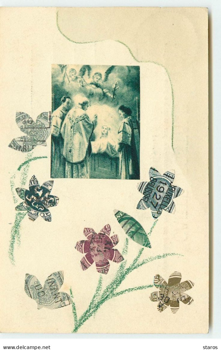 Collage De Timbres - Cut Stamps - Fleurs Autour D'un Médaillon Représentant Une Scène De La Nativité - Timbres (représentations)
