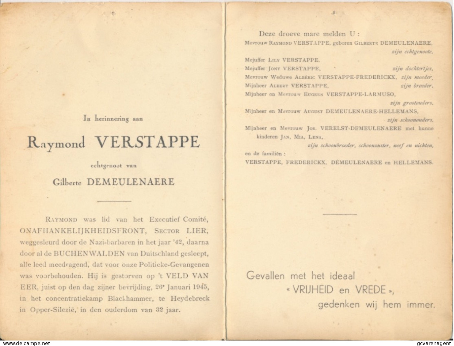 HERINNERING RAYMOND VERSTAPPE  ONAFHANKELIJKSHEIDSFRONT  SECTOR LIER = VELD VAN EER CONCENSTRATIEKAMP 1945 GR.FORMAAT - Obituary Notices