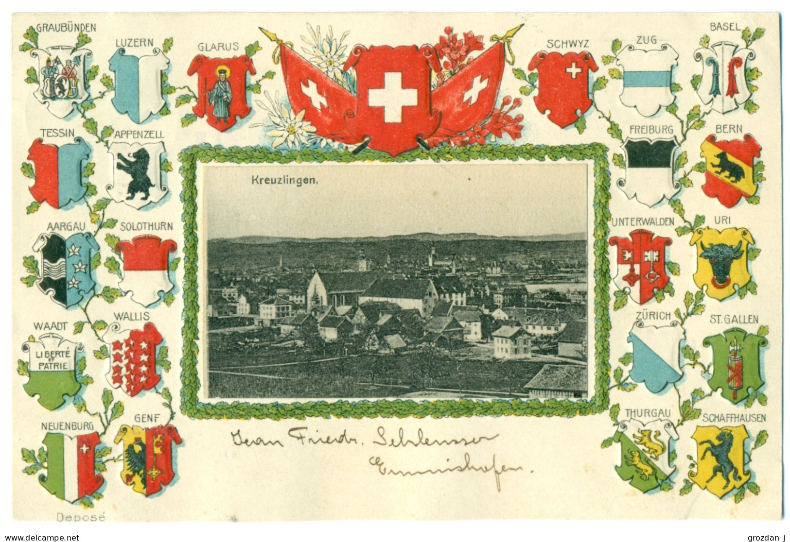 VERY RARE OLD RELIEF PC, Swiss Cantons' Coats Of Arms, Kreuzlingen, Switzerland - Kreuzlingen