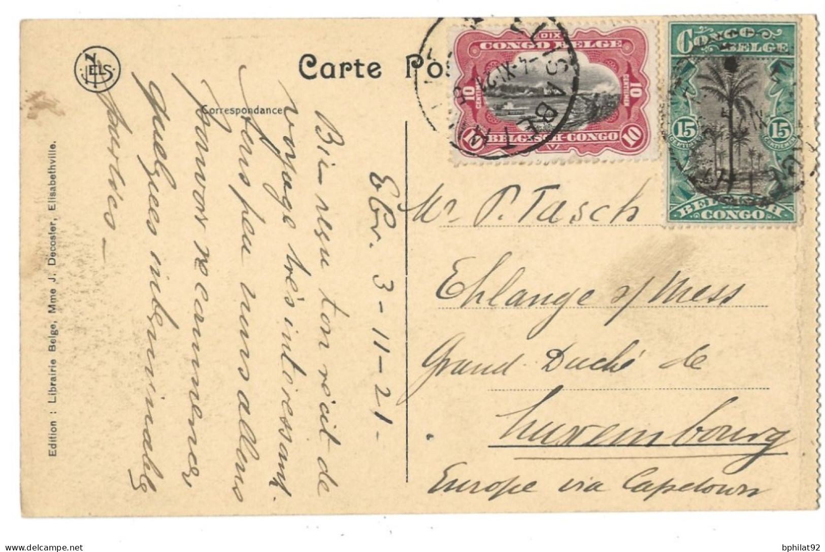 !!! CONGO,CPA DE 1921 AU DÉPART D'ELISABETHVILLE POUR LUXEMBOURG PAR CAPE TOWN - Lettres & Documents