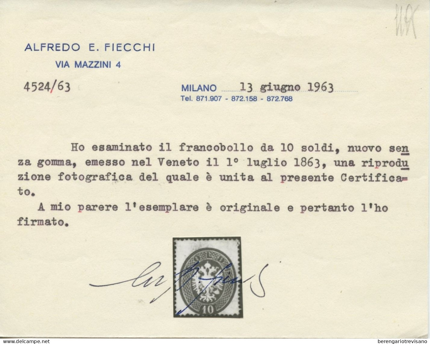 Antichi Stati Italiani - Lombardo-Veneto 1863 - 10 Argento Dentellato 14 Nuovo Senza Gomma Certificato Fiecchi - Sassone - Lombardy-Venetia