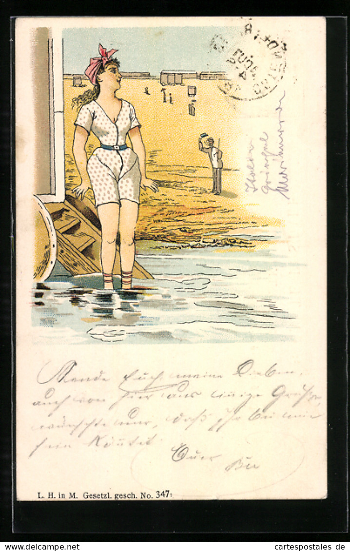 Lithographie Junge Frau In Bademode Am Wasser, Herr Grüsst Mit Erhobenem Hut  - Mode