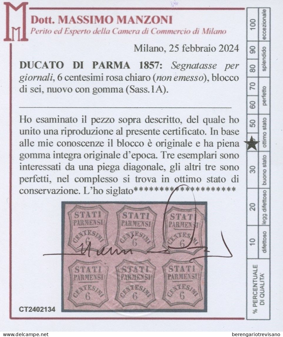 Antichi Stati Italiani - Parma 1857 - 6 Centesimi Rosa Chiaro Per Giornali Inediti In Blocco Di 6 Esemplari Nuovi Integr - Parme