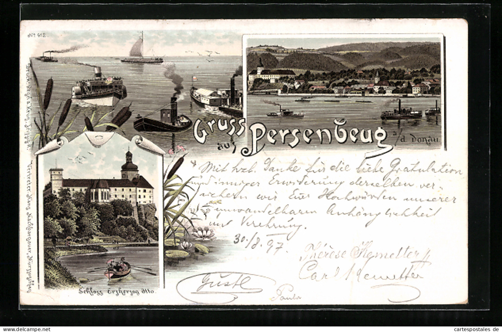 Lithographie Persenbeug A.d. Donau, Schloss Erzherzog Otto, Donaudampfer, Ortsansicht  - Autres & Non Classés