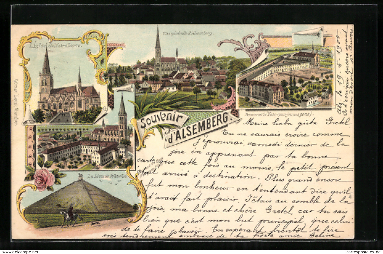 Lithographie Alsemberg, L`Église De Notre Dame, Le Lion De Waterloo, Pensionnat St. Victor  - Other & Unclassified
