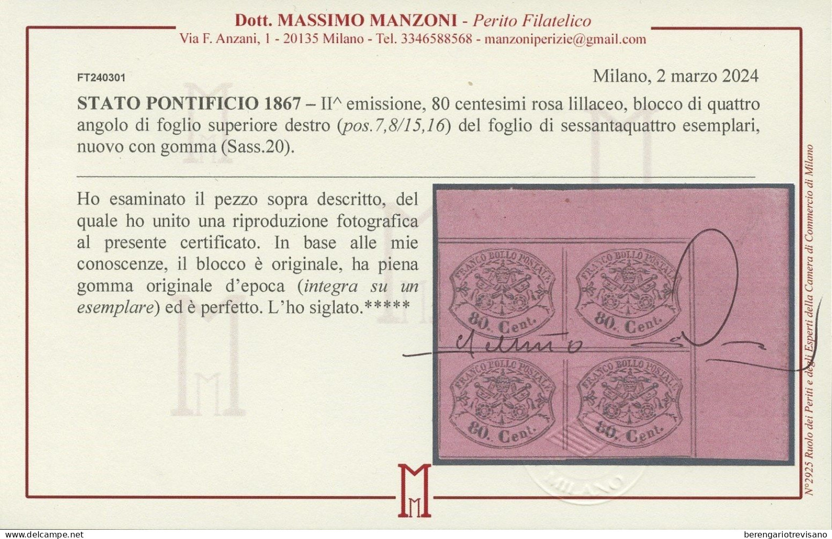 Antichi Stati Italiani - Stato Pontificio 1867 - 80 Centesimi Rosa Lilla In Blocco Di Zecca Con Gomma Manzoni - Sassone - Kirchenstaaten