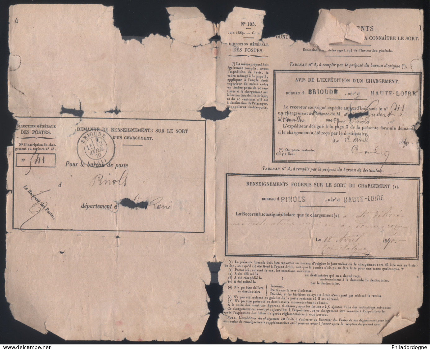 France - Yvert N° 28B Sur Document Chargements Obl GC 641 Brioude Pour Pinols - 12/04/1870 (fragile Abimé) - 1849-1876: Klassik