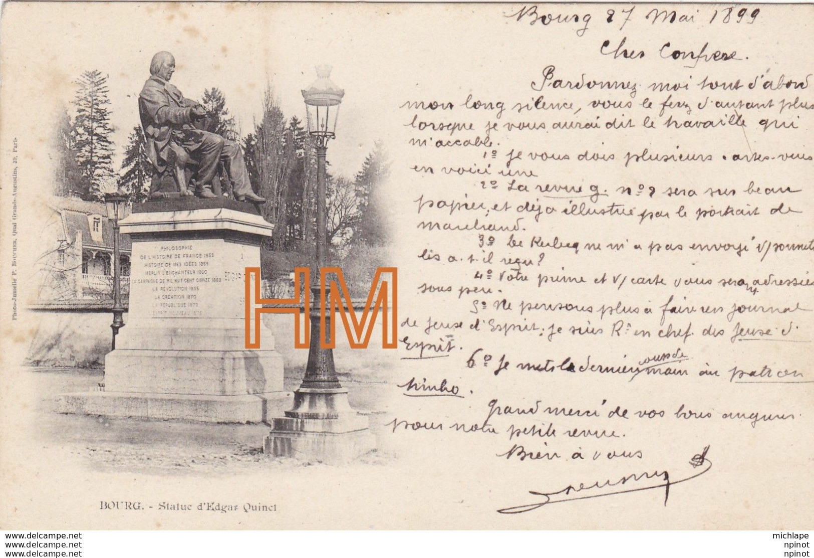 C P A 01    RARE Pionniere  De 1899 De BOURG  Statue D'edgard Quinet - Other & Unclassified