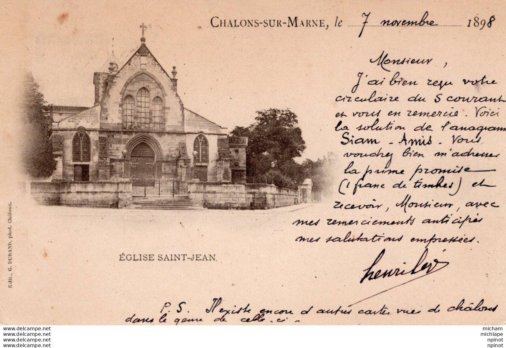 CPA - 51 - CHALONS SUR MARNE -  Précurseur  - église Saint Jean  Circulé  En 1898 - Châlons-sur-Marne