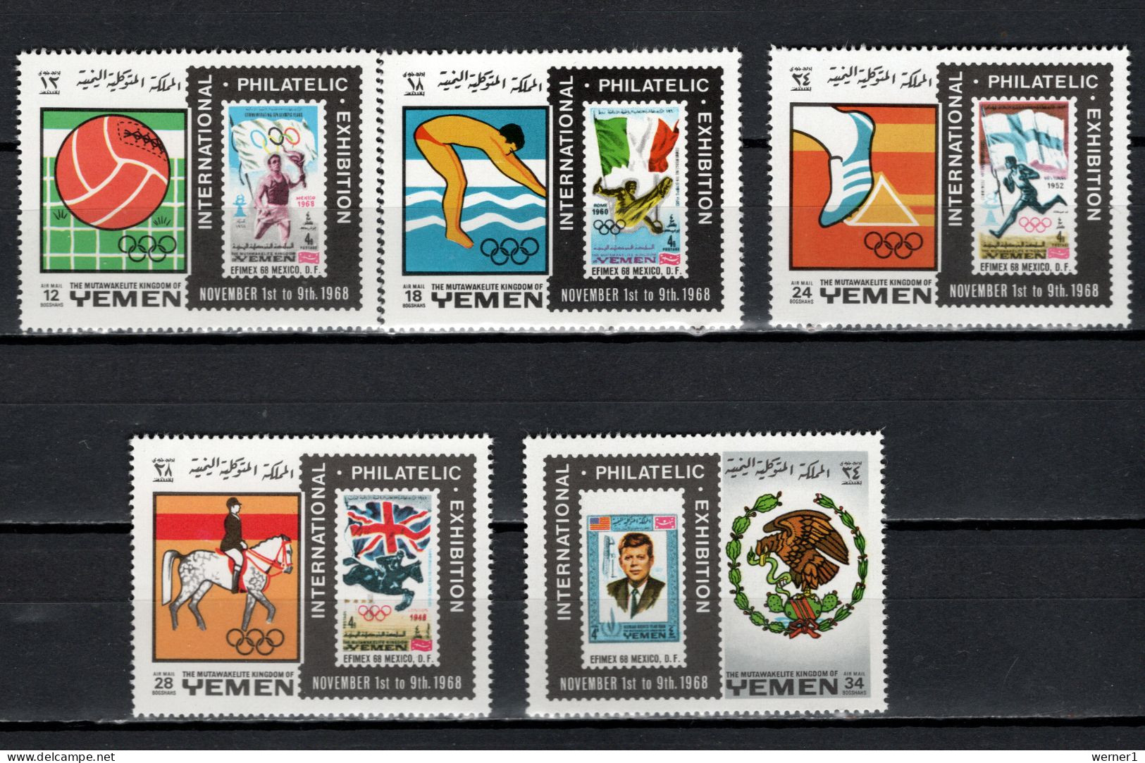 Yemen Kingdom 1968 Olympic Games, Equestrian Etc., EFIMEX, JFK Kennedy Set Of 5 MNH - Sommer 1968: Mexico