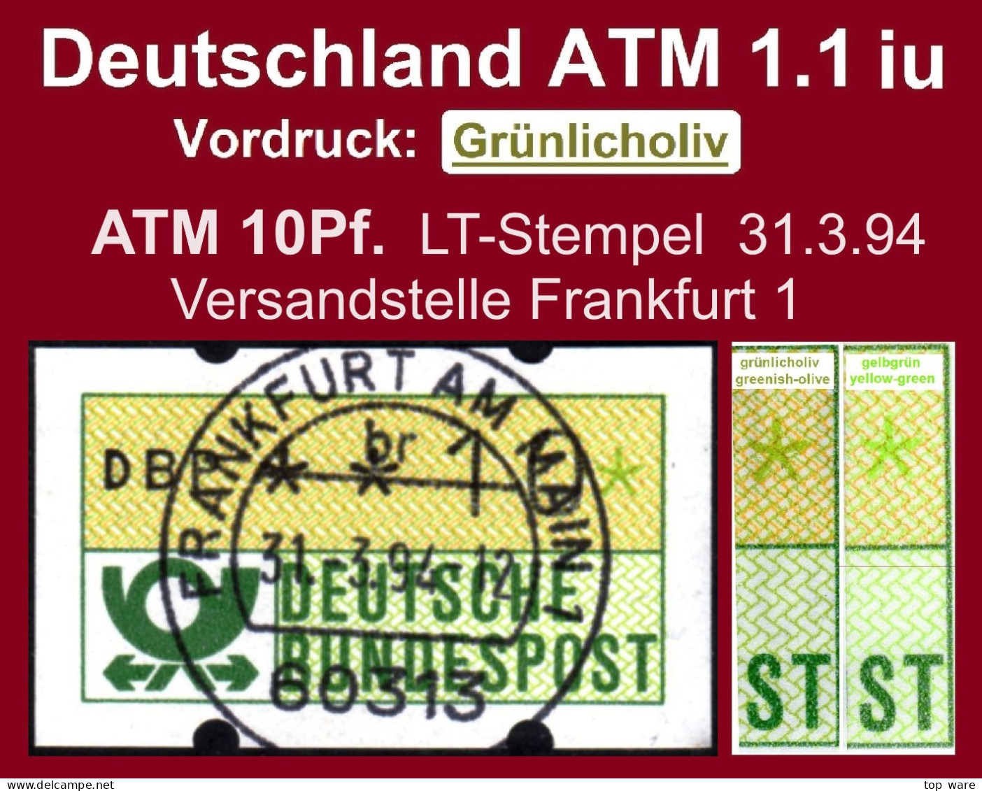 Deutschland Bund ATM 1.1 Iu Grünlicholiv / 10Pf. Voll-O 31.3.94 Letzttag Der Versandstelle / Klüssendorf Automatenmarken - Machine Labels [ATM]