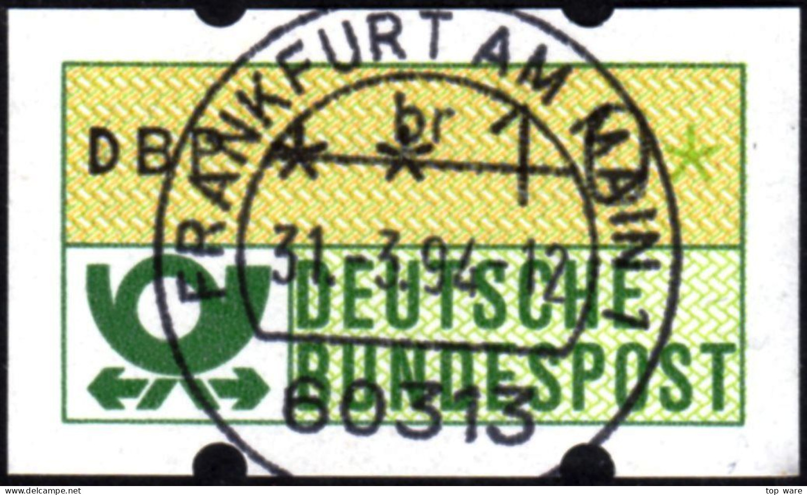 Deutschland Bund ATM 1.1 Iu Grünlicholiv / 10Pf. Voll-O 31.3.94 Letzttag Der Versandstelle / Klüssendorf Automatenmarken - Machine Labels [ATM]