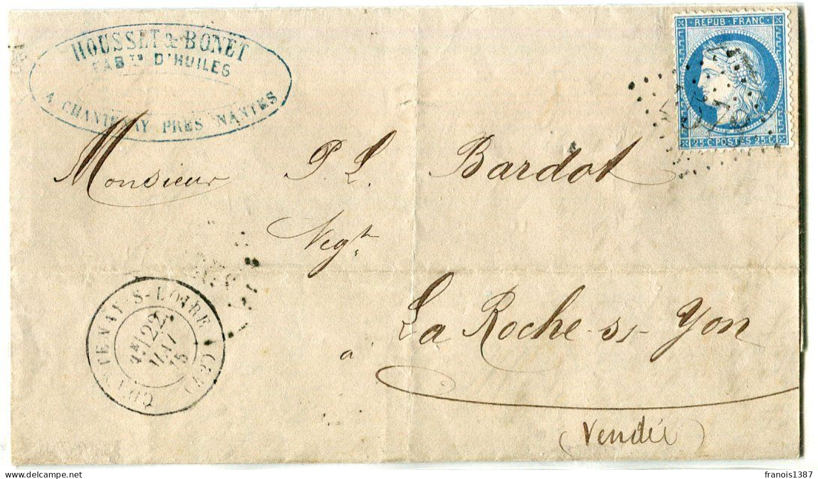 N - Lettre De CHANTENAY-SUR-LOIRE Gros Chiffre 4587 Pour La Roche Sur Yon Du 22 Mai 1875 - Indice 7 - 1849-1876: Période Classique