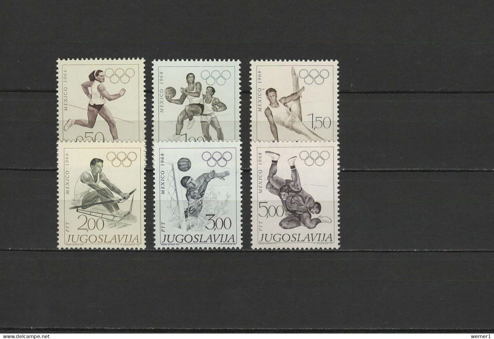 Yugoslavia 1968 Olympic Games Mexico, Basketball, Rowing, Waterball, Wrestling Etc. Set Of 6 MNH - Ete 1968: Mexico