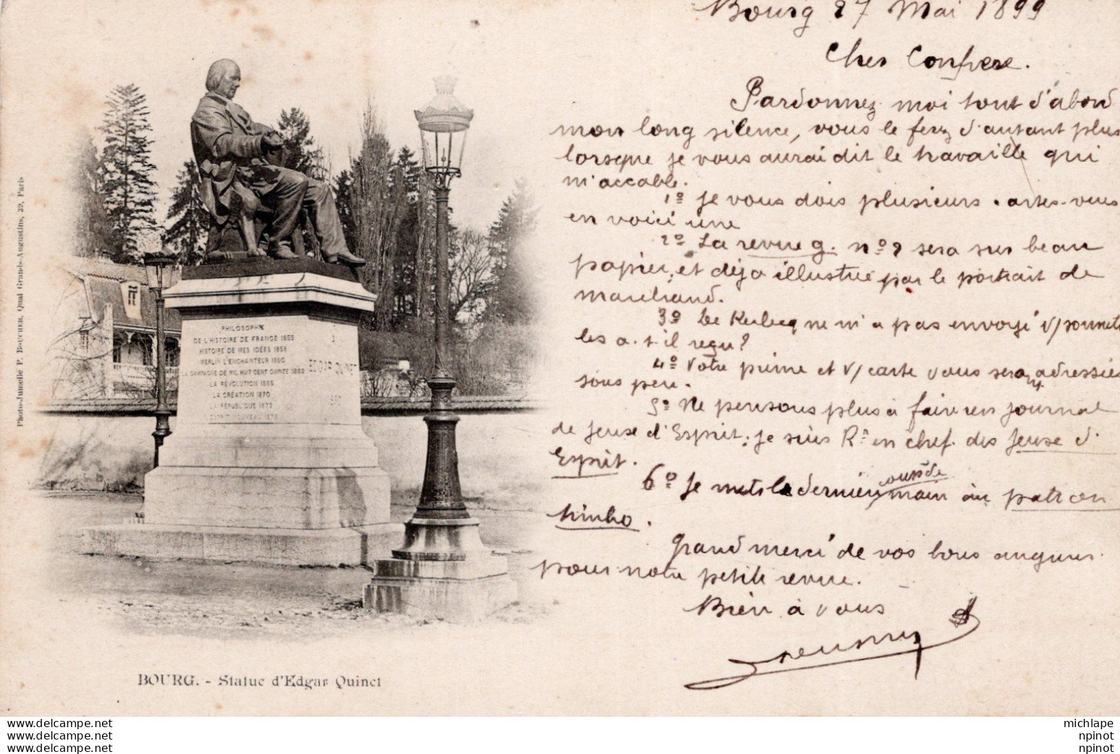 C P A   - 01 -   BOURG -  PIONNIERE DE 1899 Cachet Au Dos - Statue D'édgar Quinet - Andere & Zonder Classificatie