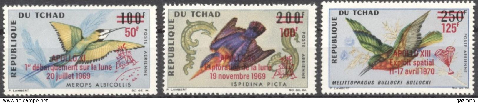 Tchad 1970, Bird, Kingfisher, Overp. Landing On The Moon, 3val - Tchad (1960-...)